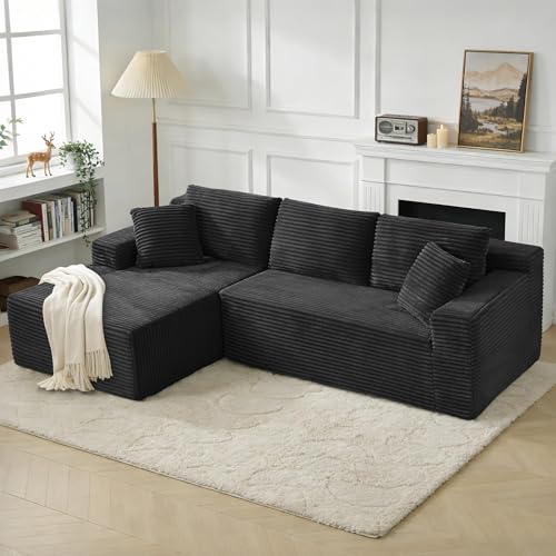 103" Black Boneless Couches for Living Room, L-Shaped Cloud Sectional Sofa with Chaise, Corduroy Foam Compression Modular Set for Apartment Home Office, No Assembly Required