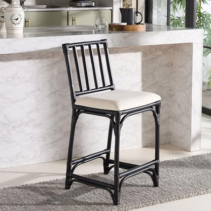 SAFAVIEH Furniture - Amal 23.6" Seat Height Counter Stool - White & Black - Handwoven Rattan Design - Fully Assembled - Ideal for Kitchen, Dining Room & Kitchen Island (BST6510C)