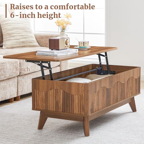 Lift Top Coffee Table with Hidden Storage, Farmhouse Fluted Coffee Table with Wave Profile, Rising Top Rectangular Center Table for Living Room (Walnut)