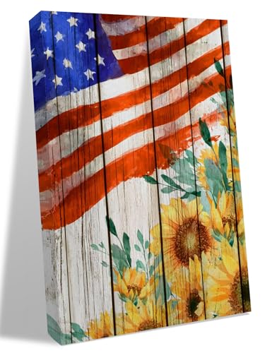 NuYeBiofx Independence Day Sunflower USA Flag Canvas Wall Art Prints,30"x20" Framed Picture Artwork Vintage Wood Grain Printed Canvas Oil Painting for Living Room Bedroom Office,Ready to Hang