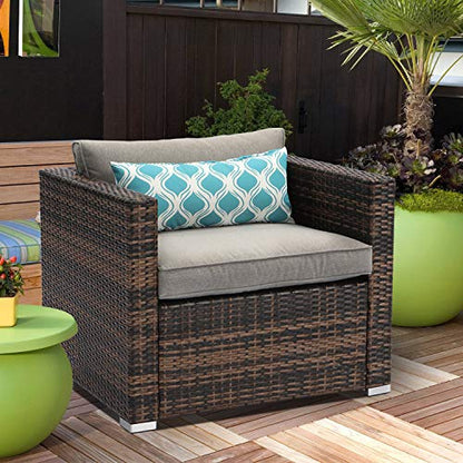 Outdoor Single Chairs All Weather Handwoven Mottlewood Brown Rattan w Warm Grey Cushion w Pillow for Garden, Poolside, Backyard