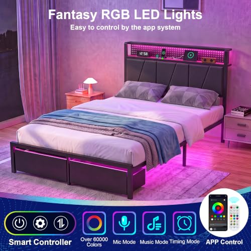 Queen Bed Frame with 2 Drawers, Platform Bed with LED Lights & Charging Station, view 5