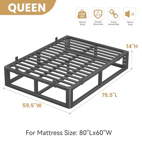 14 Inch Metal Queen Bed Frame with Rounded Corner, Steel Support, view 4