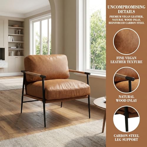 PU Leather Accent Chairs Set of 2 Brown Lounge Chairs with Metal Legs Modern Armchairs Upholstered Mid-Century Comfy Leisure Chair for Bedroom Living Room Reception Area