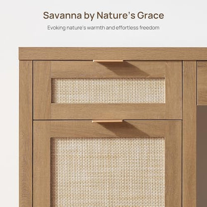 55" Rattan Desk with 3 Drawers - Wood Office Computer Desk with Storage Modern Boho Home Office Desks with Side Cabinet - Large Executive Desk Study Table for Bedroom, Living Room, Oak