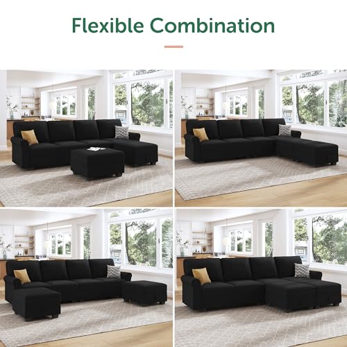 Sectional Sofa with Storage Seat Velvet U Shaped Couch with Reversible Chaise Convertible Sectional Couches for Living Room,Black Velvet