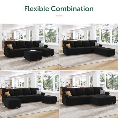 Sectional Sofa with Storage Seat Velvet U Shaped Couch with Reversible Chaise Convertible Sectional Couches for Living Room,Black Velvet