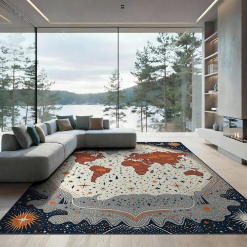 8'x10' Washable Area Rug Earth World Map Boho Design with Astronomy Planet Continents and Star Accents Foldable Easy Care for King Size Bedroom, Master Suite, Under Bed