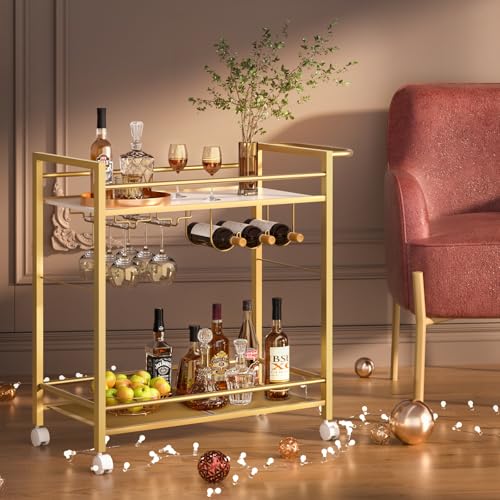 Bar Cart w/Wheels,2 Tier Home Bar Serving Cart,Flowing Gold, view 6