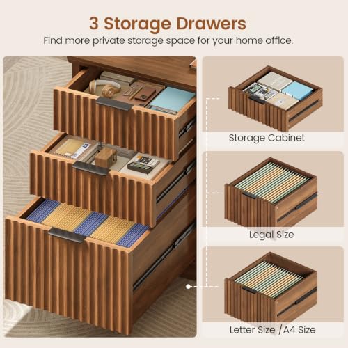70.9" Executive Desk, Fluted Office Desk with Drawers, Brown, view 5