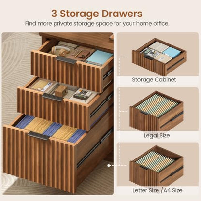 70.9" Executive Desk, Fluted Office Desk with Drawers, Brown, view 5