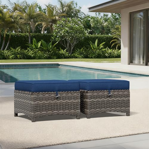 Outdoor Ottoman Set of 2, Patio Large Ottoman Foot Rest with Thickened Cushions, Outdoor Wicker Foot Stool for Porch, Deck Use