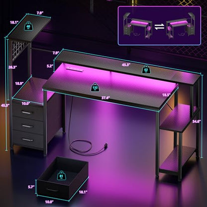 55 Inch Gaming Desk with Bluetooth LED Lights & Power Outlets,Computer Desk with Fabric Drawers & Hooks,Reversible Gamer Table with Monitor Stand for Game Room,Home Office,Carbon Fiber Black