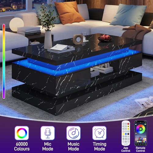 47.2 Inch Modern High Glossy LED Coffee Table with 2 Sliding Drawers, Double-Layer Center Tables with LED Lights for Livings Room Furniture, Black