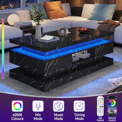 47.2 Inch Modern High Glossy LED Coffee Table with 2 Sliding Drawers, Double-Layer Center Tables with LED Lights for Livings Room Furniture, Black