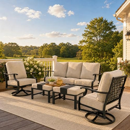 Patio Furniture Set, Modern Metal Outdoor Patio Furniture, 3 Seater Sofa, 2 Swivel Chairs, 2 Ottomans and 5.75" Extra Thick Cushion, Patio Conversation Set for Garden Backyard Deck