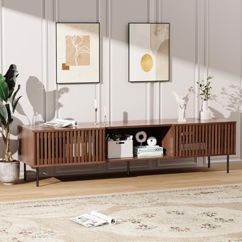 70 Inch Mid-Century Modern TV Stand for 55 to 80 Inch TVs, Slat Door