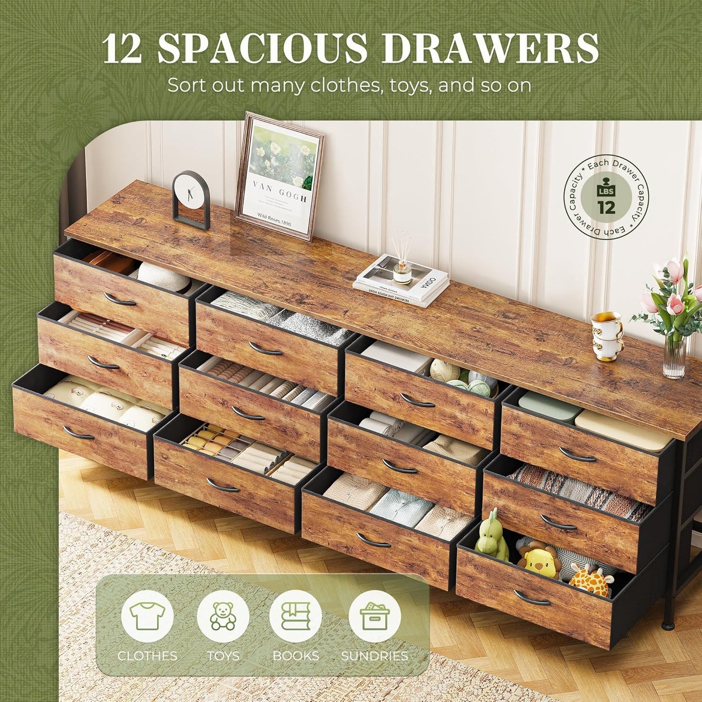 70 Inch Dresser for Bedroom, TV Stand for 65, 75, 80 Inch TV, 12 Fabric Drawer Long Dresser, Large Entertainment Center for Bedroom, Wide Chest of Drawer with Storage, Rustic Brown