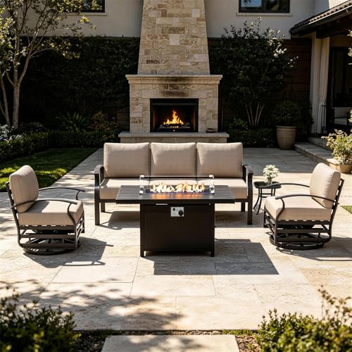 Aluminum Patio Furniture Set 5-Seat Modern Metal Outdoor Conversation Sets w/45in Propane Fire Pit Table, Swivel Rocking Chairs Patio Sectional Sofa w/5.1 Inch Cushion, Sand