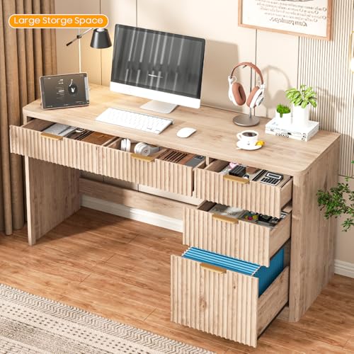 59" Fluted Executive Desk with Adjustable File Drawer, Oak, view 7