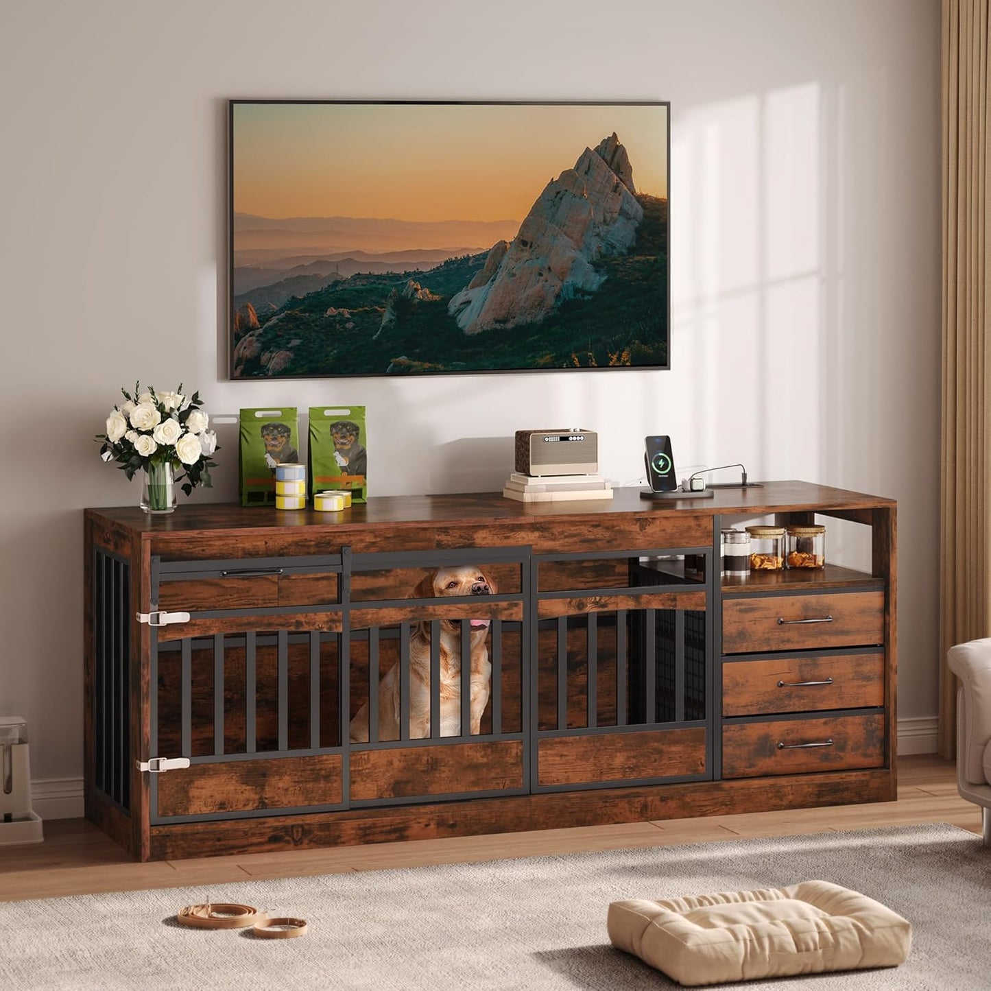 68.8" Large Dog Crate Furniture with 3 Storage Drawers & 1 Shelf Farmhouse Dog Kennel TV Stand Side Table Indoor for Large Dogs Decorative Dog Cage with Sliding Barn Door & Power Outlet Brown