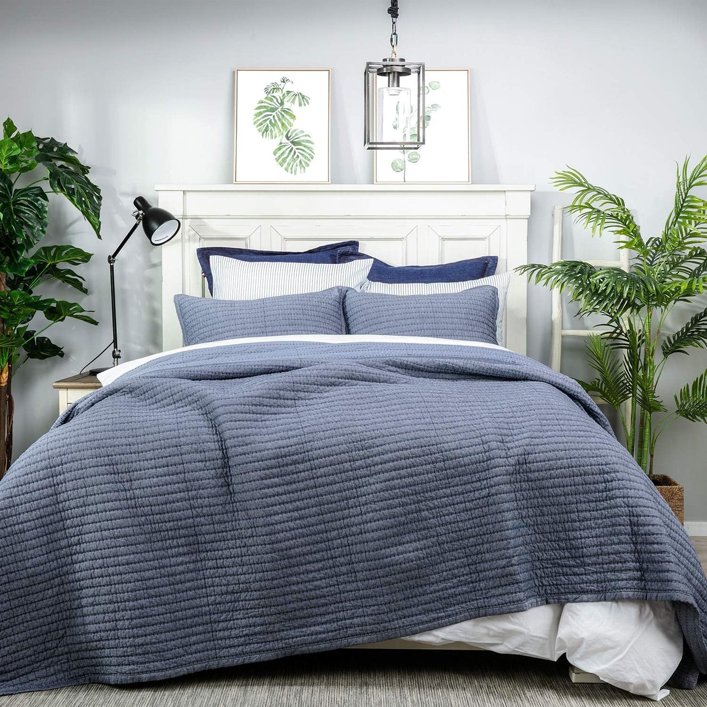 Cotton Yarn Dyed Chambray Collection Cotton Fill Channel Stitch Washed King Pillow Sham Blue Color, 20’’ X 36’’+1.75’’ Flange (1Piece)