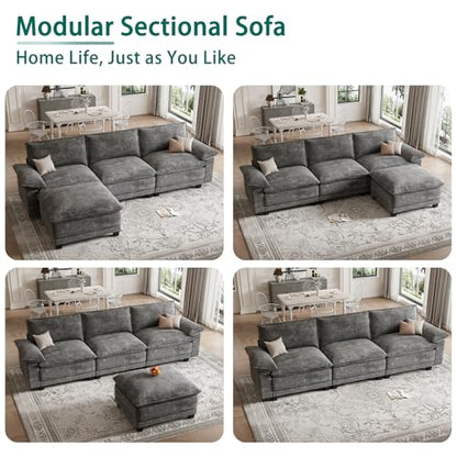 Modern L Shaped Sofa Couches for Living Room, Modular Sectional Cloud Couch with Movable Ottoman, Comfy Chenille Sofa for Apartment and Small Space, Dark Gray