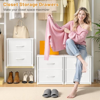 Stackable Storage Drawers, White Closet Organizer with Wooden Top & Metal Frame, view 6