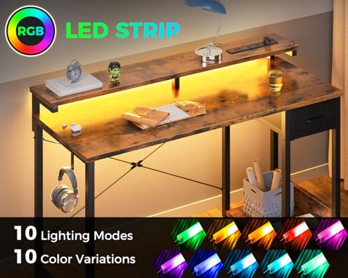 Gaming Desk with LED Lights & Power Outlet, 48 Inch Computer Desk with Drawers, Reversible Small Desk with Monitor Stand & Headphone Hook for Home Office, Rustic Brown