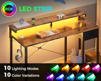 Gaming Desk with LED Lights & Power Outlet, 48 Inch Computer Desk with Drawers, Reversible Small Desk with Monitor Stand & Headphone Hook for Home Office, Rustic Brown