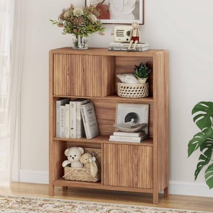 Bookshelf with Storage, 5 Cube Bookcase with Doors, Farmhouse Wood Cube Storage Organizer for Home Office, Bedrooom, Living Room (Walnut)