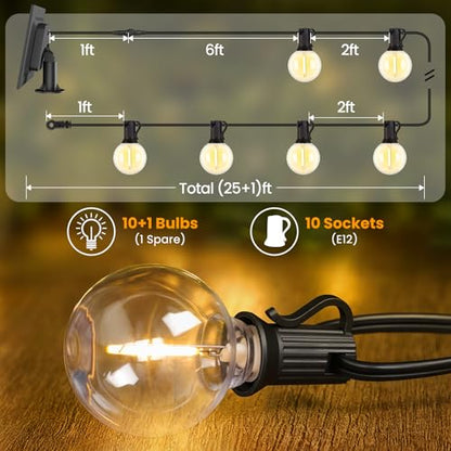 25FT Solar Powered String Lights Outdoor, Waterproof Solar Patio Light String with 10+1 Shatterproof LED G40 Bulbs for Backyard Garden-Black