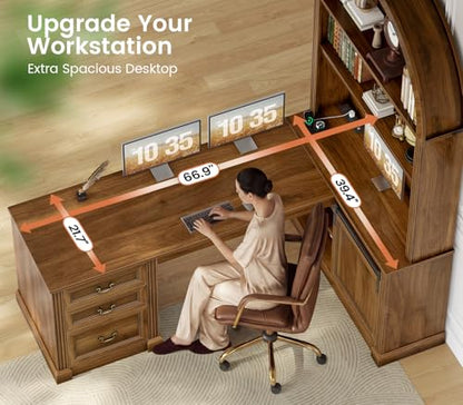 67" L Shaped Desk with Tall Arched Bookshelf & 3 Drawers Storage, view 8