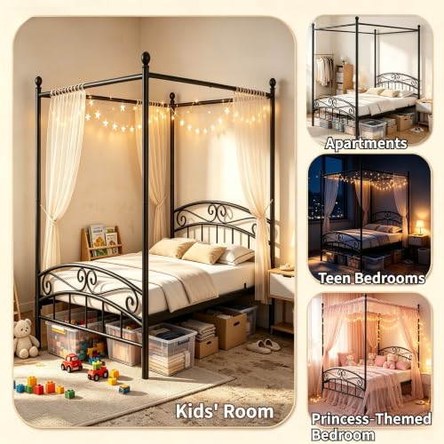 Full Size Canopy Bed Frame Black, Metal Four Posters Bed Frame, view 5