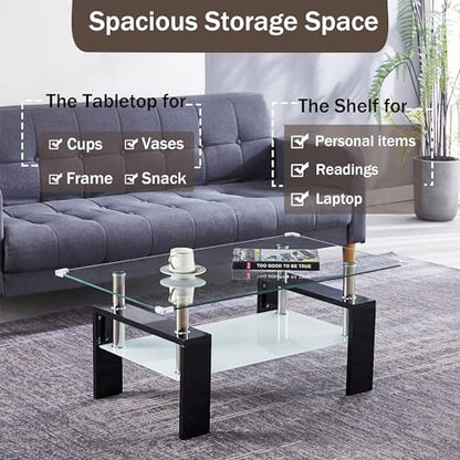 2-Tier Glass Coffee Table, Rectangle Center Table with Double-Layer Tempered Glass Storage Space and Black MDF Legs, Modern Living Room Table for Home Office, Waiting Room