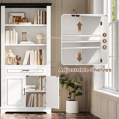 Farmhouse Bookshelves and Bookcases with Doors and Drawer, Bookshelf with Storage, Floor Standing 6 Shelf Display Storage Shelves 70 in Tall Bookshelf for Home Office, Living Room, White