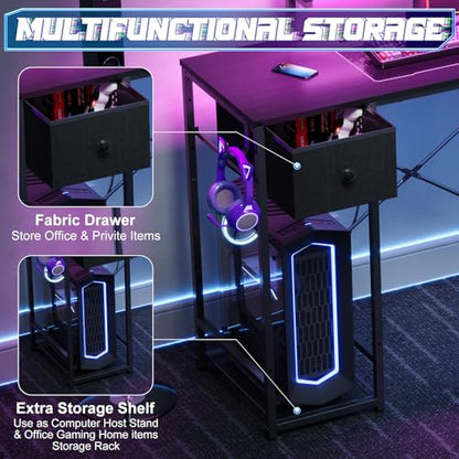 X-cosrack 33.5" Small Gaming Desk with LED Lights & Power Outlets, Compact Computer Desk with Monitor Stand & CPU Stand, Gamer Table with Storage Drawer, Side Hooks for Home Office, Bedroom, Black