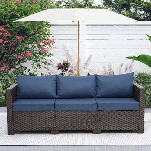 3-Seat Patio Wicker Sofa, Outdoor Rattan Couch Furniture Steel Frame with Furniture Cover and Deep Seat High Back, Blue Anti-Slip Cushion.