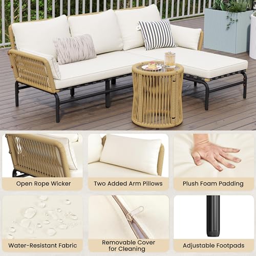 Yaheetech 3 Pieces L-Shaped Conversation Set, Outdoor Patio Furniture Set | w/Detachable Lounger, Thick Cushions, Glass Side Table for Patio, Backyard, Porch, Garden