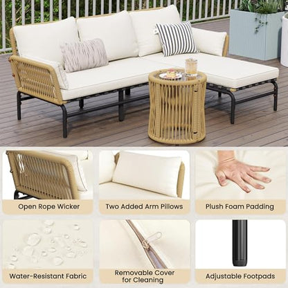 Yaheetech 3 Pieces L-Shaped Conversation Set, Outdoor Patio Furniture Set | w/Detachable Lounger, Thick Cushions, Glass Side Table for Patio, Backyard, Porch, Garden