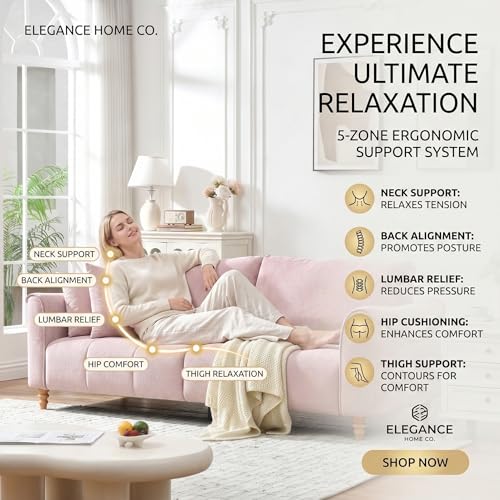 87" Mid Century Modern 3-Seater Sofa for Living Room, Extra Wide Deep Seat Couch, Tufted Upholstered Furniture with Sturdy Wood Frame, Easy Assembly, Pink