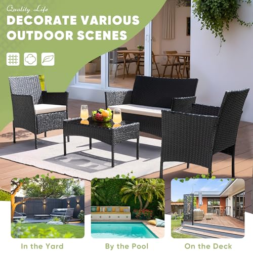 Patio Furniture 4 Pieces Conversation Sets Outdoor Wicker Rattan Chairs Garden Backyard Balcony Porch Poolside loveseat with Cushion and Glass Table, Black and Beige