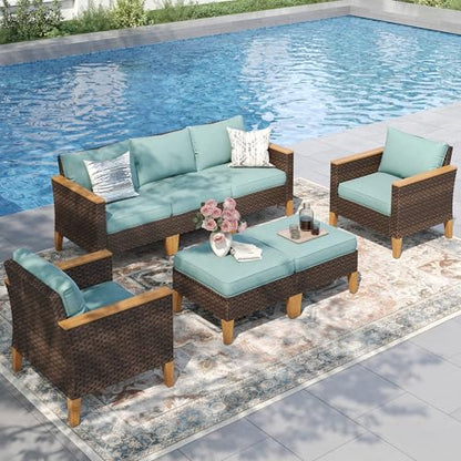 7-Piece Wicker Patio Conversation Set, Outdoor Rattan Sectional Pool Furniture Patio Set for 7 Seats with Cushioned 2 x Single Sofa, 2 x Armrest Chair, 2 x Ottoman and 1 x Armless Sofa, Blue