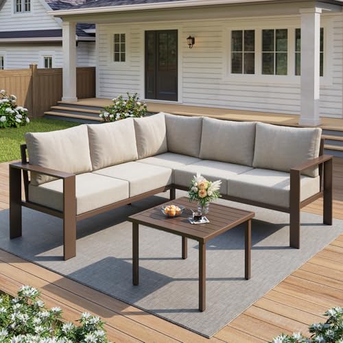 6 Piece Patio Furniture Set, Metal Outdoor Sectional Sofa with 6" Thick Olefin Cushions, Wide Armrest & Coffee Table, L Shaped Outdoor Furniture for Garden, Backyard Beige