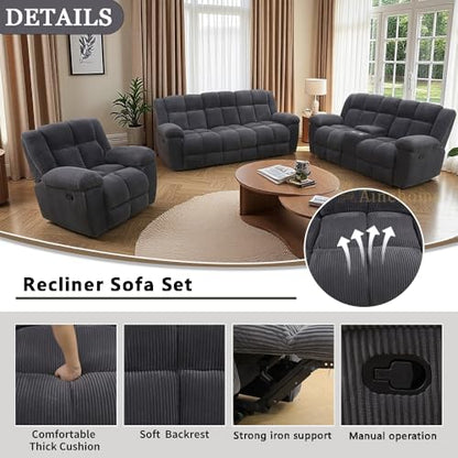 Manual Recliner Sofa Set, Corduroy Recliner Loveseat, Living Room Furniture Set Modern Loveseat Sofa, Reclining Couches for Living Room/Office(3 Piece Set, Dark Grey)