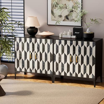 Marble Buffet Cabinbet 2 Pieces with Storage Sideboard Faux Marble Doors Buffet, view 2