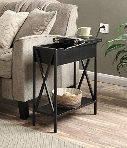 Tucson Flip Top End Table with Charging Station 23.75" - Modern Living Room Table with Storage Shelf, Side Table Side Table, Black/Black