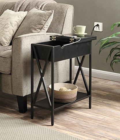 Tucson Flip Top End Table with Charging Station 23.75" - Modern Living Room Table with Storage Shelf, Side Table Side Table, Black/Black