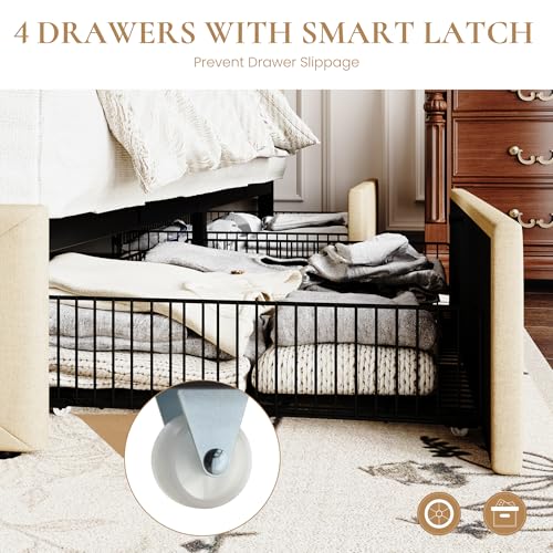 Upholstered Queen Size Platform Bed Frame with 4 Storage Drawers, Adjustable Headboard with Diamond Stitched Button Tufted Design, Wooden Slat Support, No Box Spring Needed, Beige