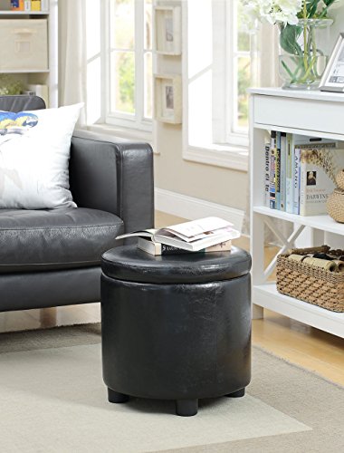 Designs4Comfort Round Accent Storage Ottoman in Black Faux Leather Fabric